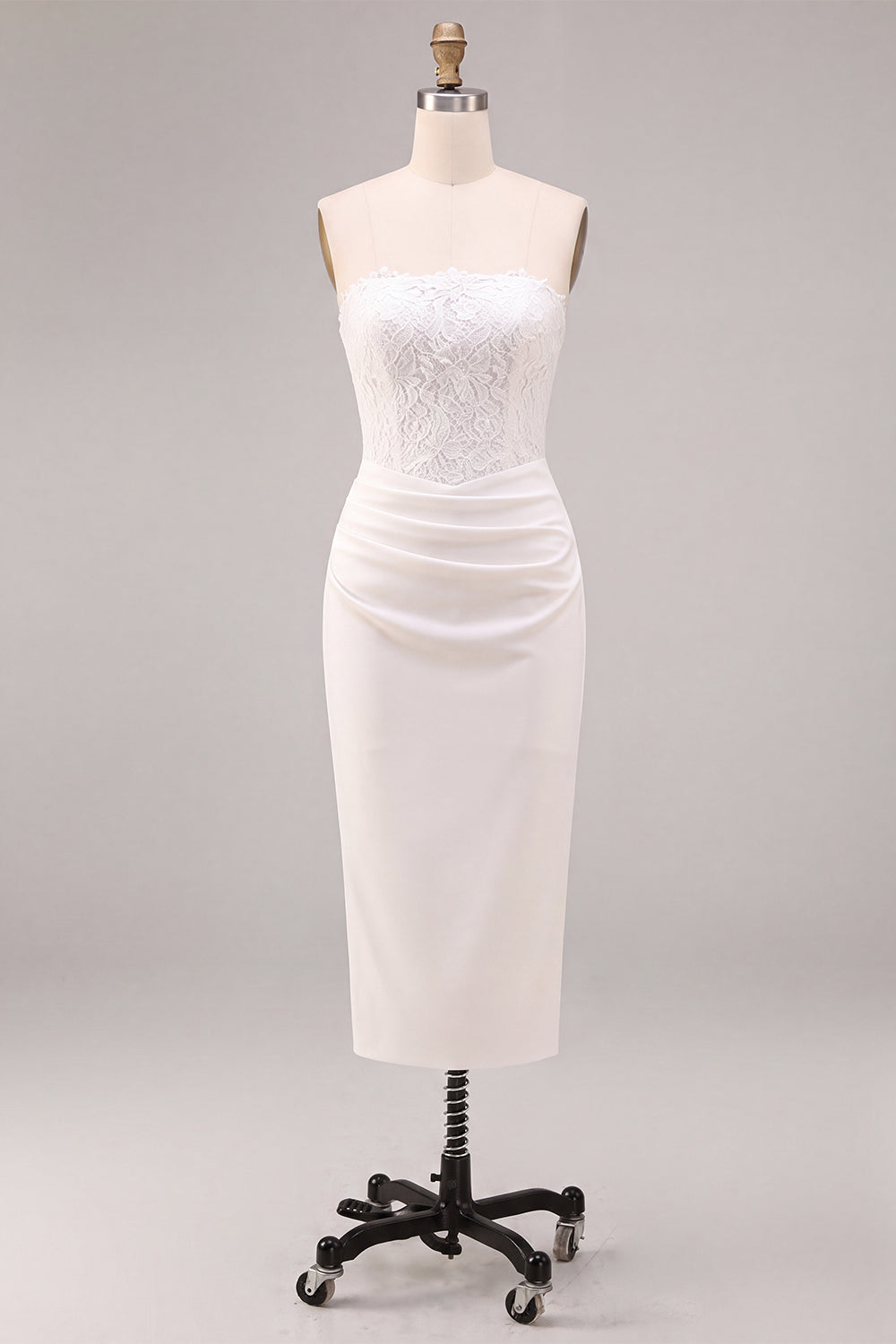 White Ruched Sheath Strapless Midi Boho Engagement Dress with Lace