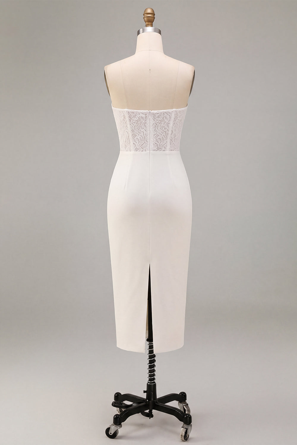 White Ruched Sheath Strapless Midi Boho Engagement Dress with Lace