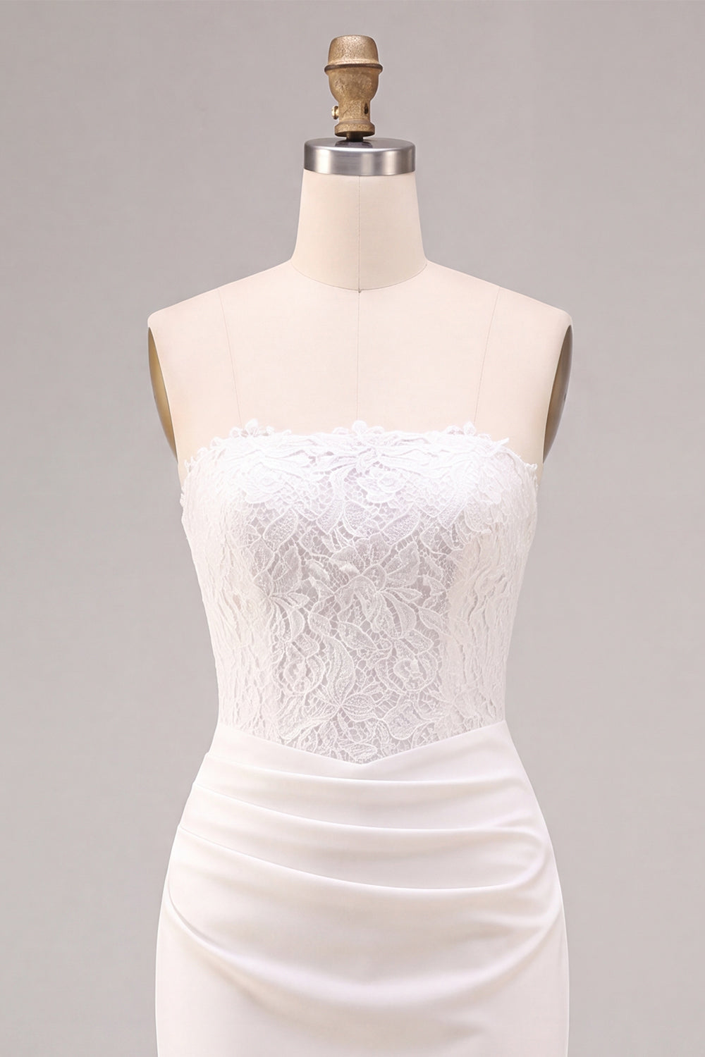White Ruched Sheath Strapless Midi Boho Engagement Dress with Lace