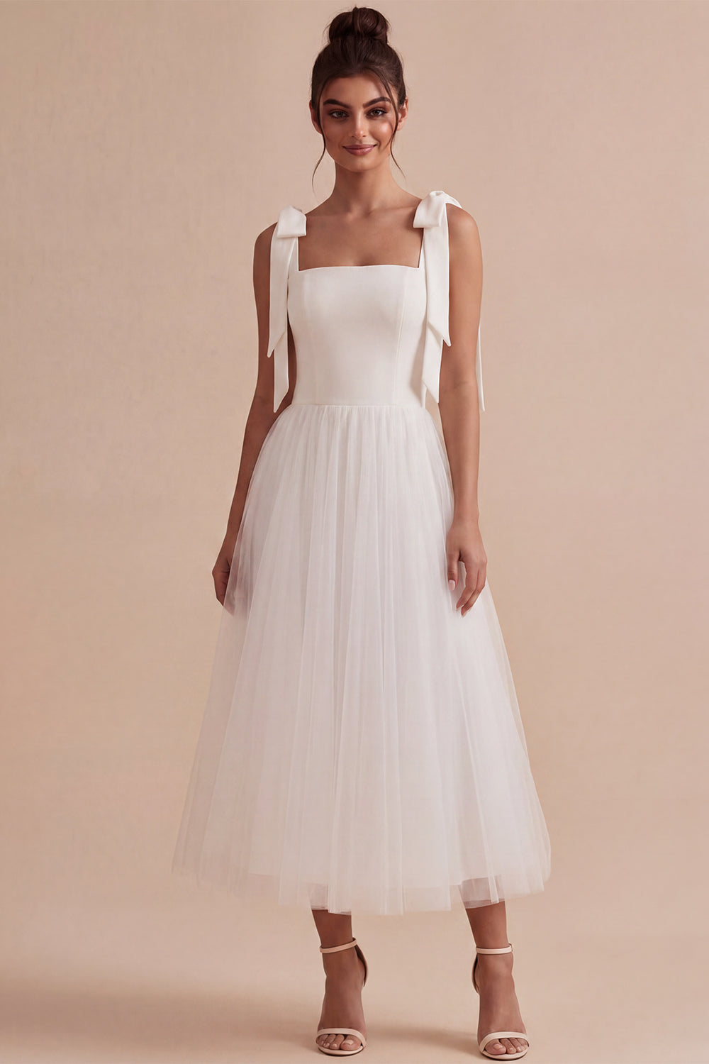 White Tulle A-Line Midi Boho Engagement Dress with Bows