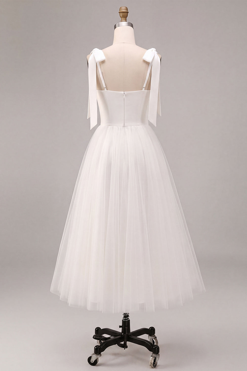White Tulle A-Line Midi Boho Engagement Dress with Bows