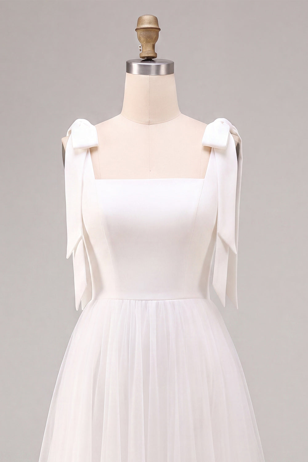 White Tulle A-Line Midi Boho Engagement Dress with Bows