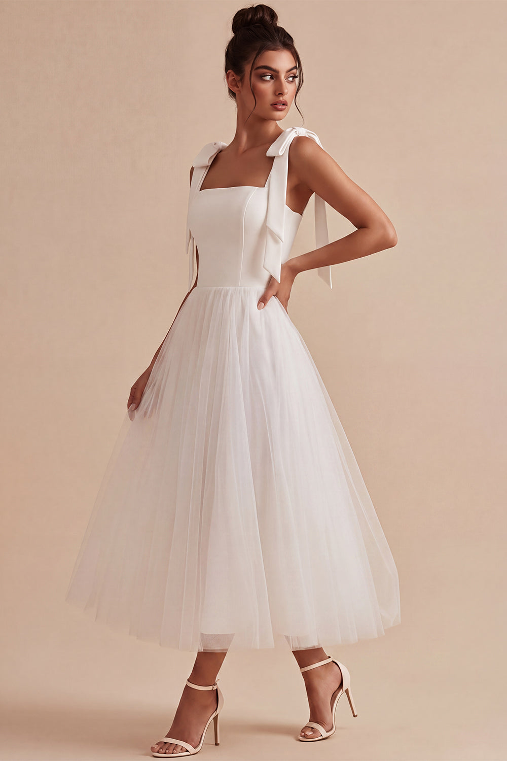 White Tulle A-Line Midi Boho Engagement Dress with Bows