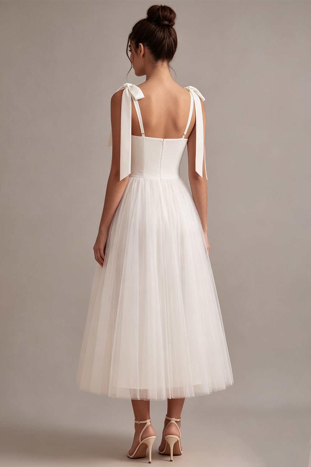 White Tulle A-Line Midi Boho Engagement Dress with Bows