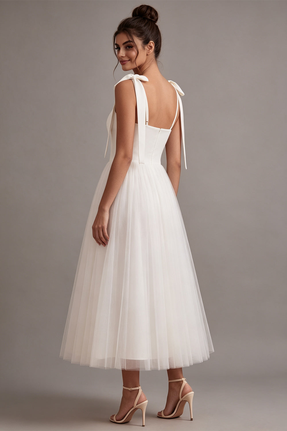 White Tulle A-Line Midi Boho Engagement Dress with Bows