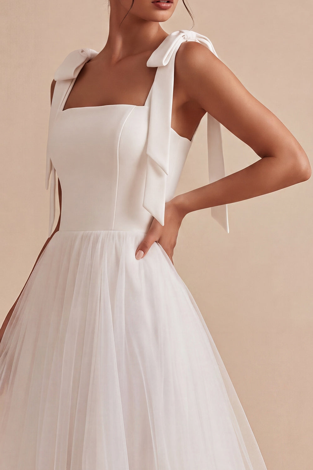 White Tulle A-Line Midi Boho Engagement Dress with Bows
