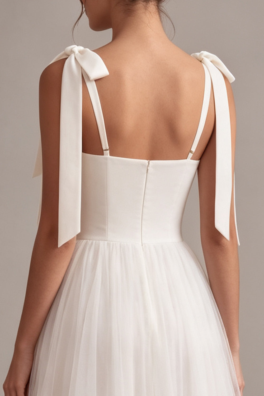 White Tulle A-Line Midi Boho Engagement Dress with Bows