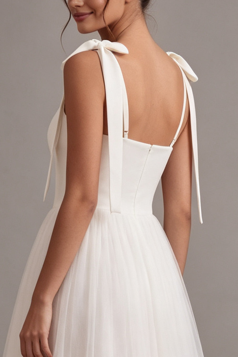 White Tulle A-Line Midi Boho Engagement Dress with Bows