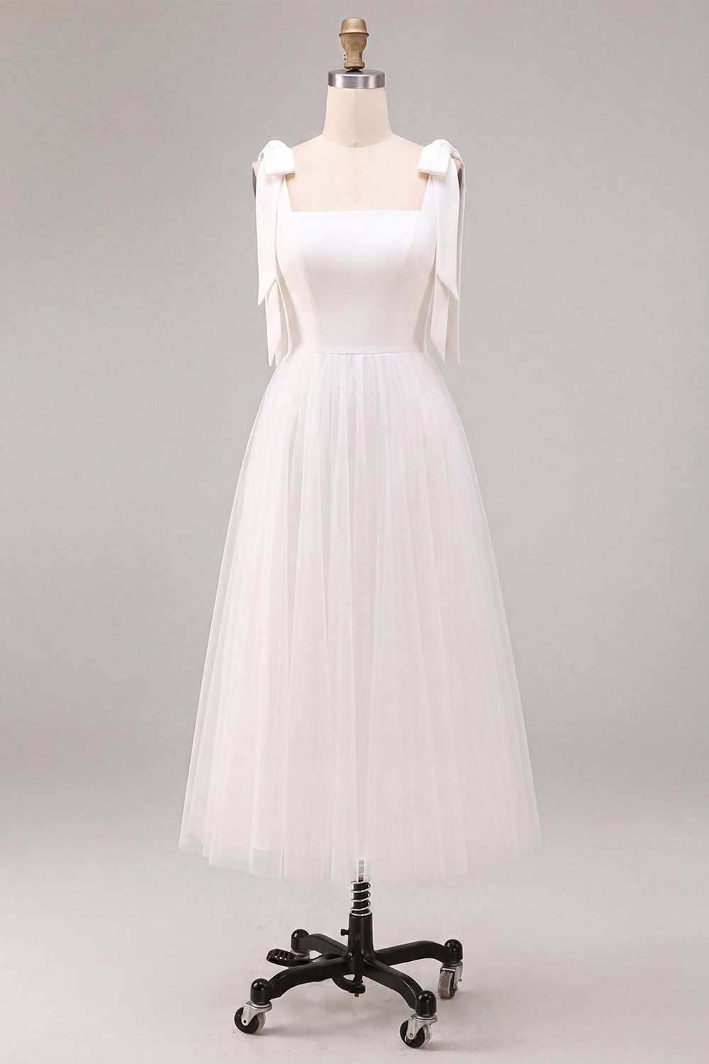 White Tulle A-Line Midi Boho Engagement Dress with Bows