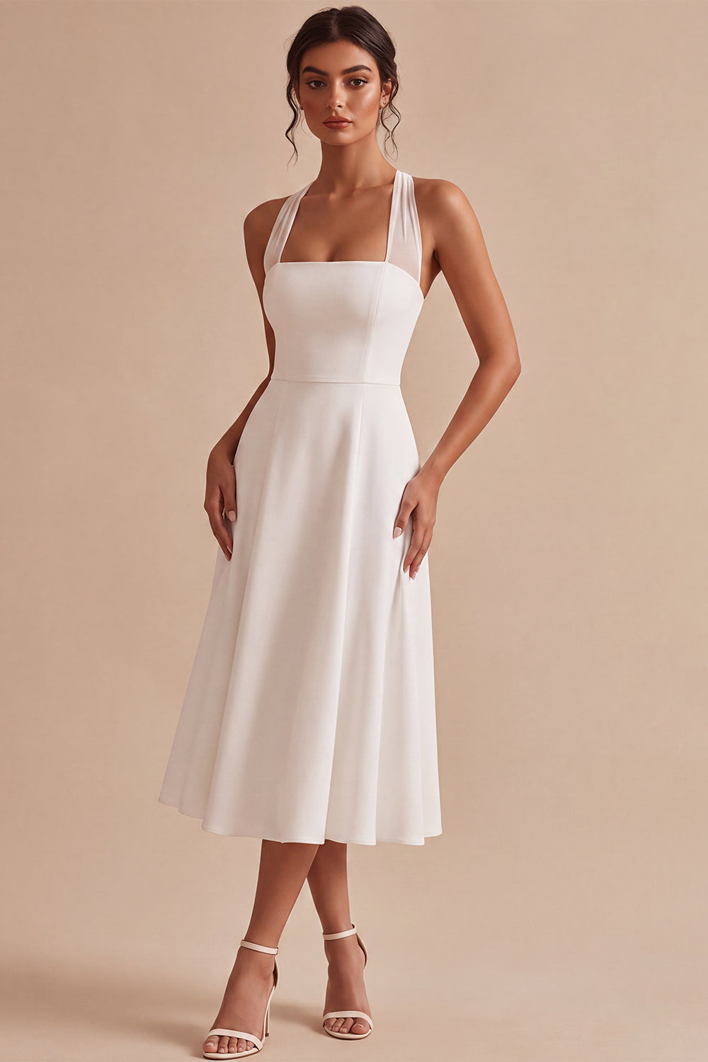 White A-Line Simple Halter Midi Beach Engagement Dress