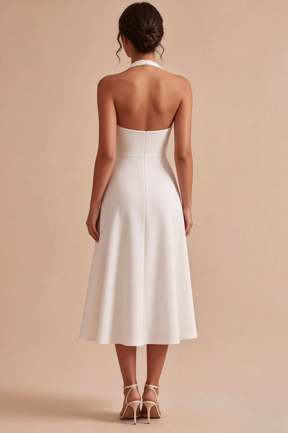 White A-Line Simple Halter Midi Beach Engagement Dress