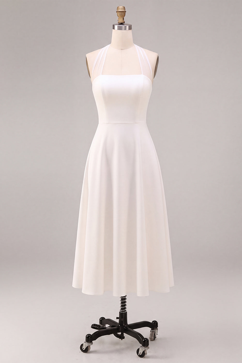 White A-Line Simple Halter Midi Beach Engagement Dress