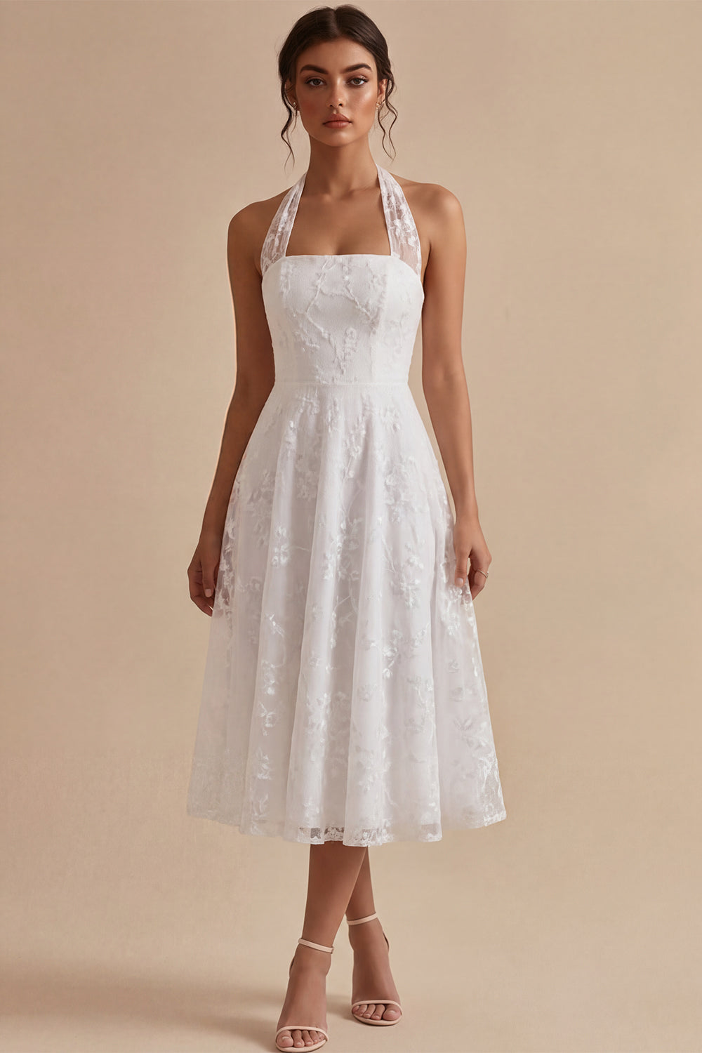 White A-Line Simple Halter Midi Beach Engagement Dress