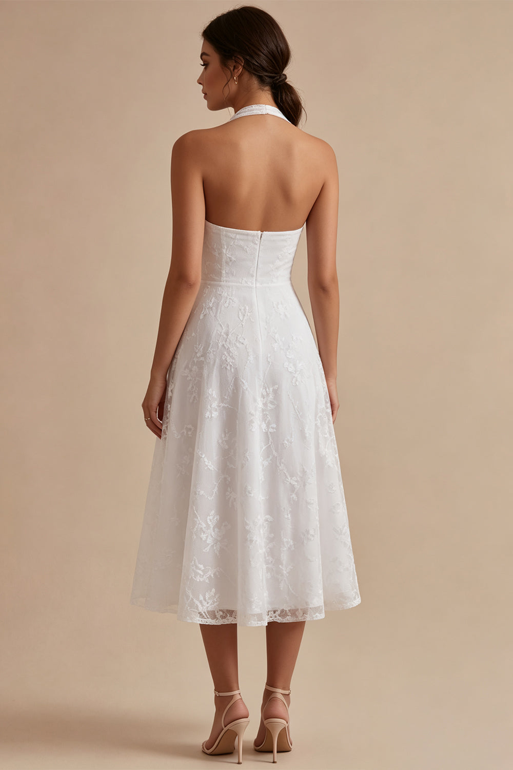 White A-Line Simple Halter Midi Beach Engagement Dress