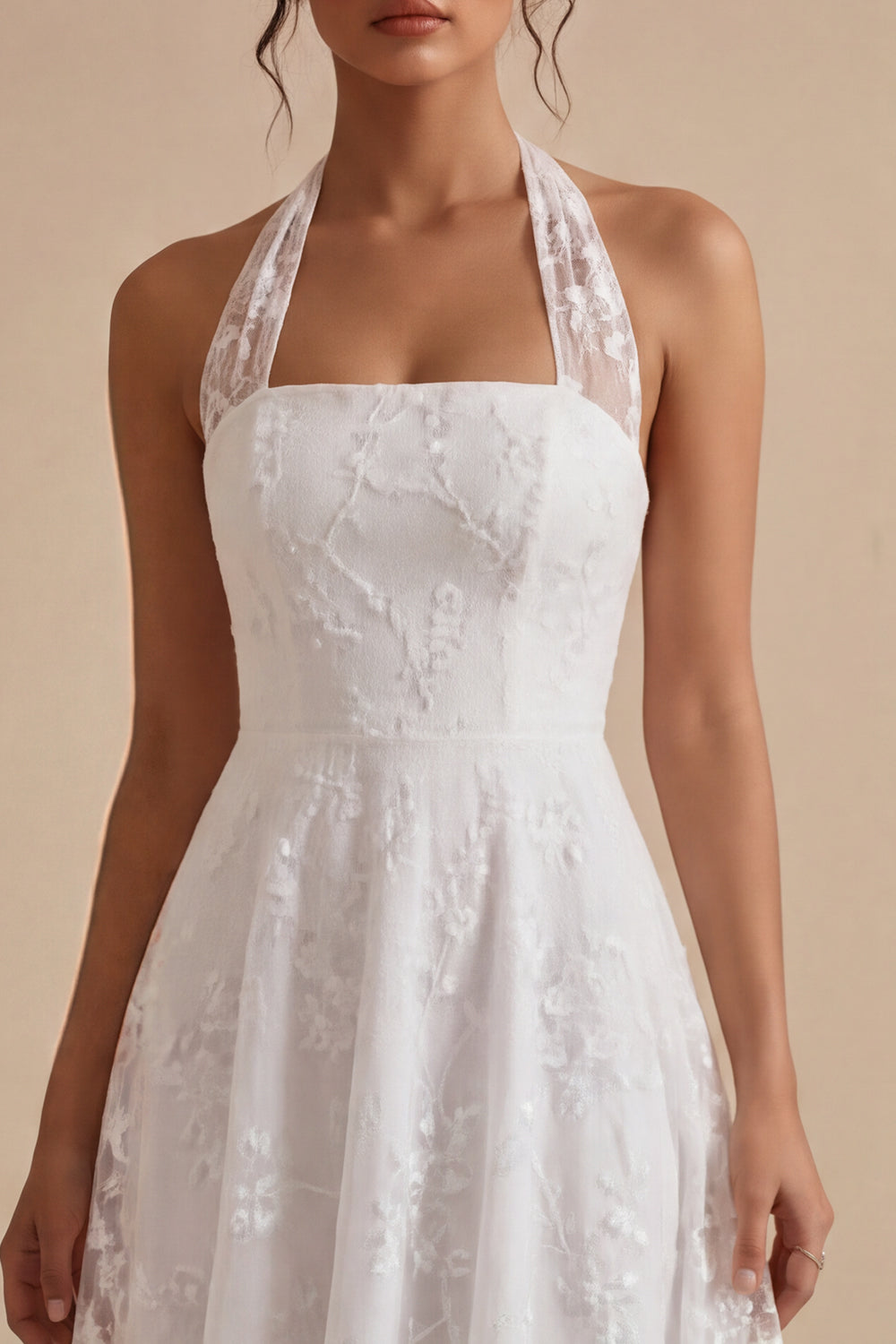 White A-Line Simple Halter Midi Beach Engagement Dress