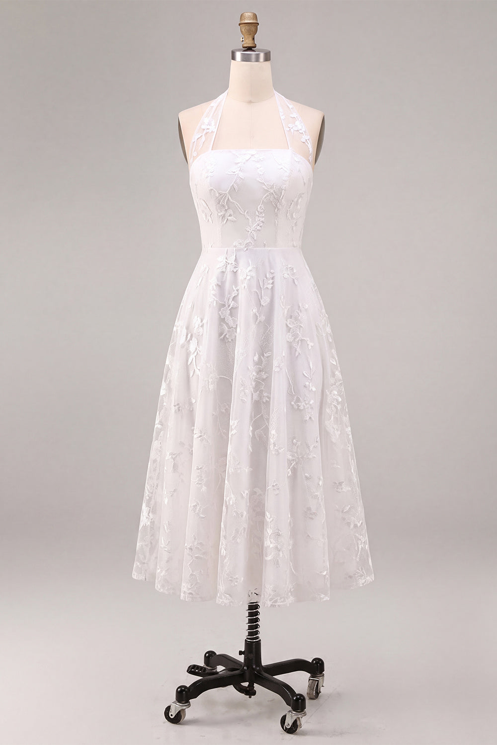 White A-Line Simple Halter Midi Beach Engagement Dress