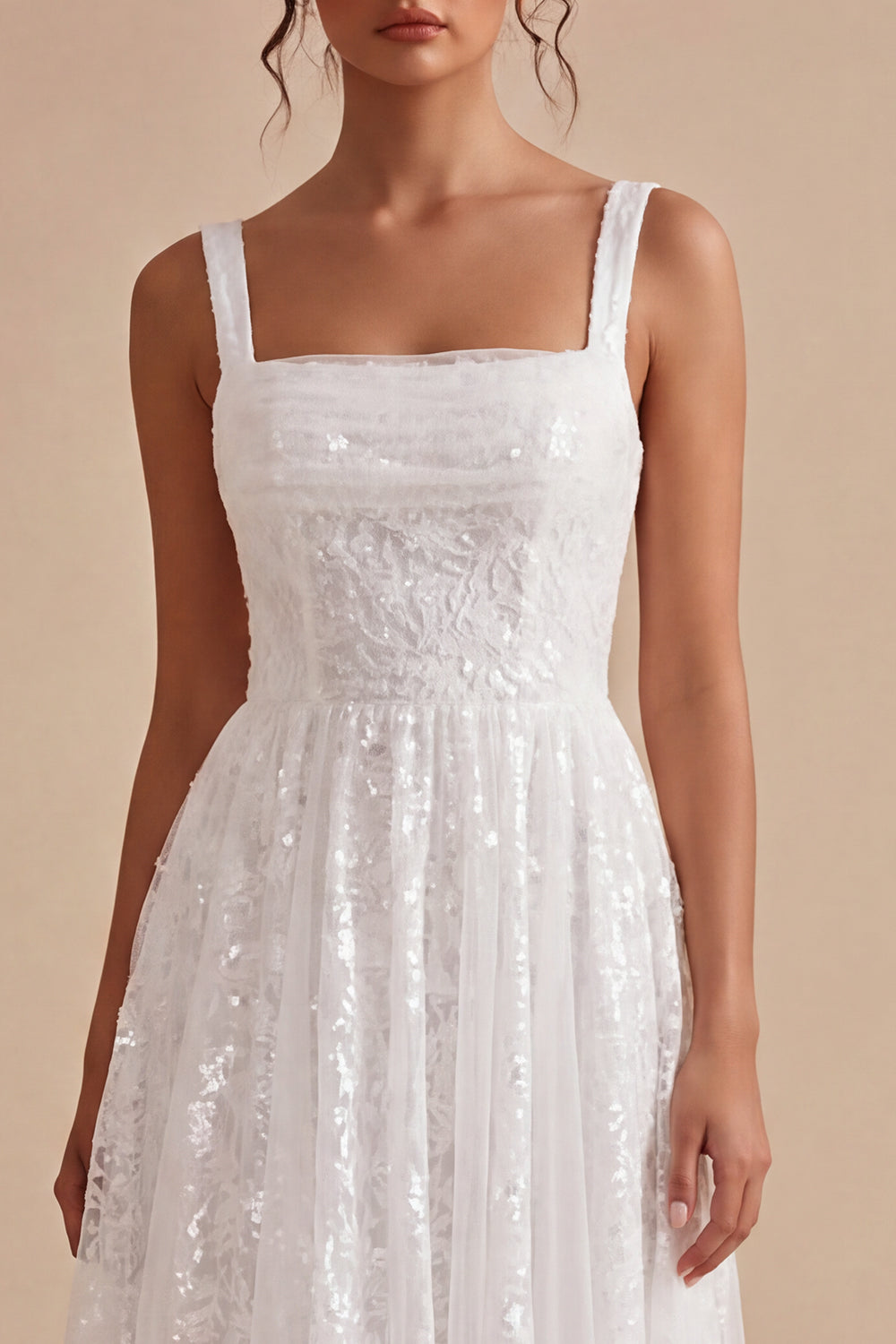 White Sparkly Sequins A-Line Square Neck Midi Boho Engagement Dress