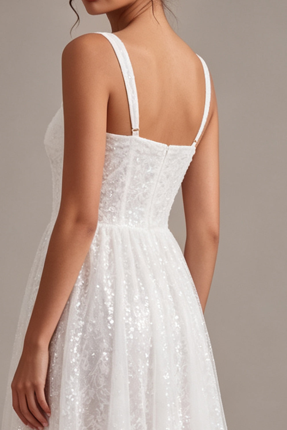 White Sparkly Sequins A-Line Square Neck Midi Boho Engagement Dress