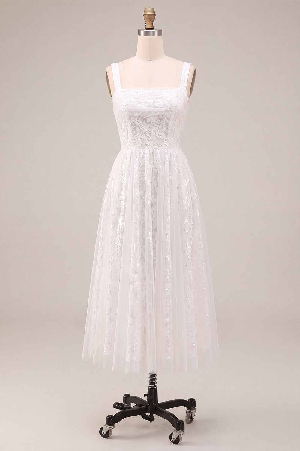 White Sparkly Sequins A-Line Square Neck Midi Boho Engagement Dress