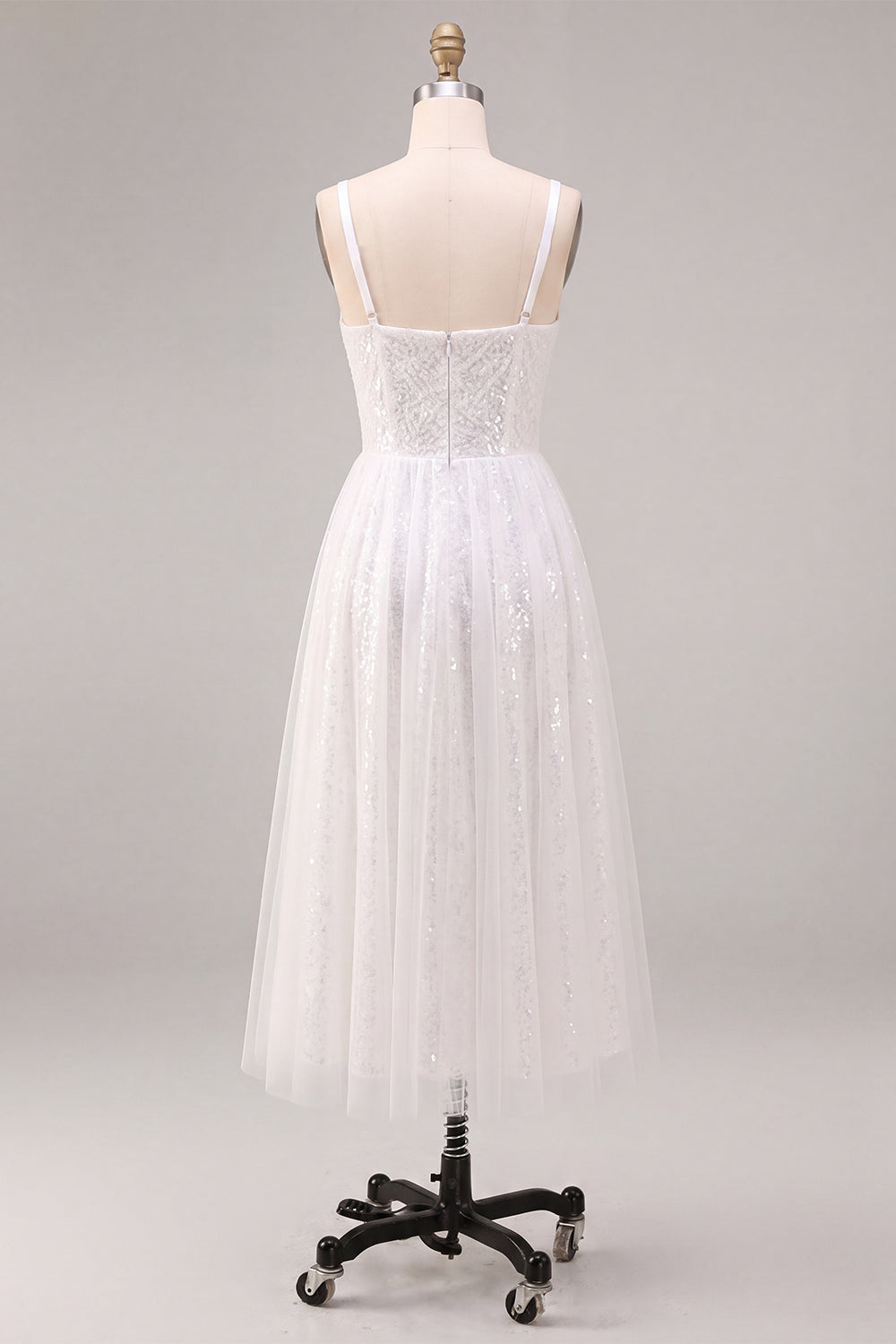 White Sparkly Sequins A-Line Square Neck Midi Boho Engagement Dress
