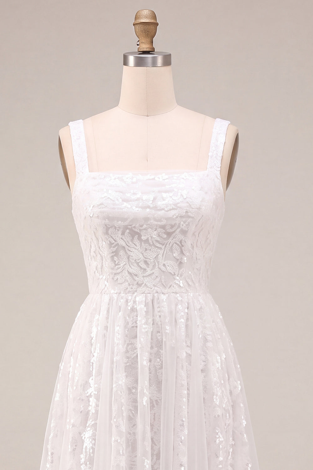 White Sparkly Sequins A-Line Square Neck Midi Boho Engagement Dress