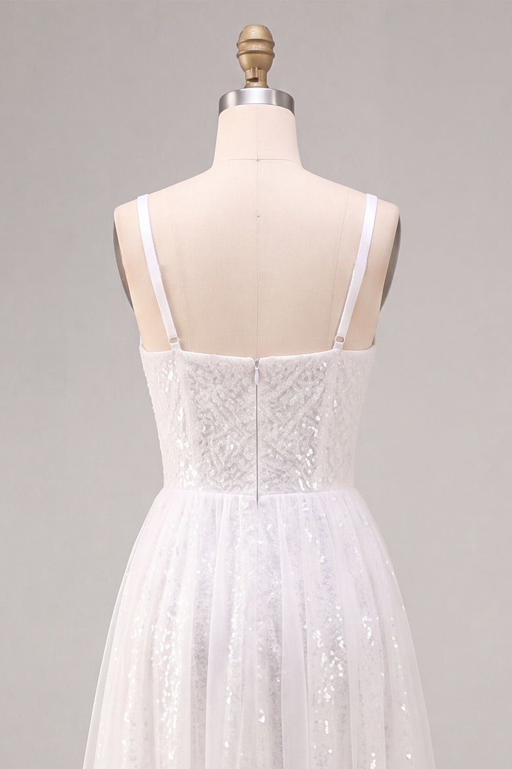 White Sparkly Sequins A-Line Square Neck Midi Boho Engagement Dress