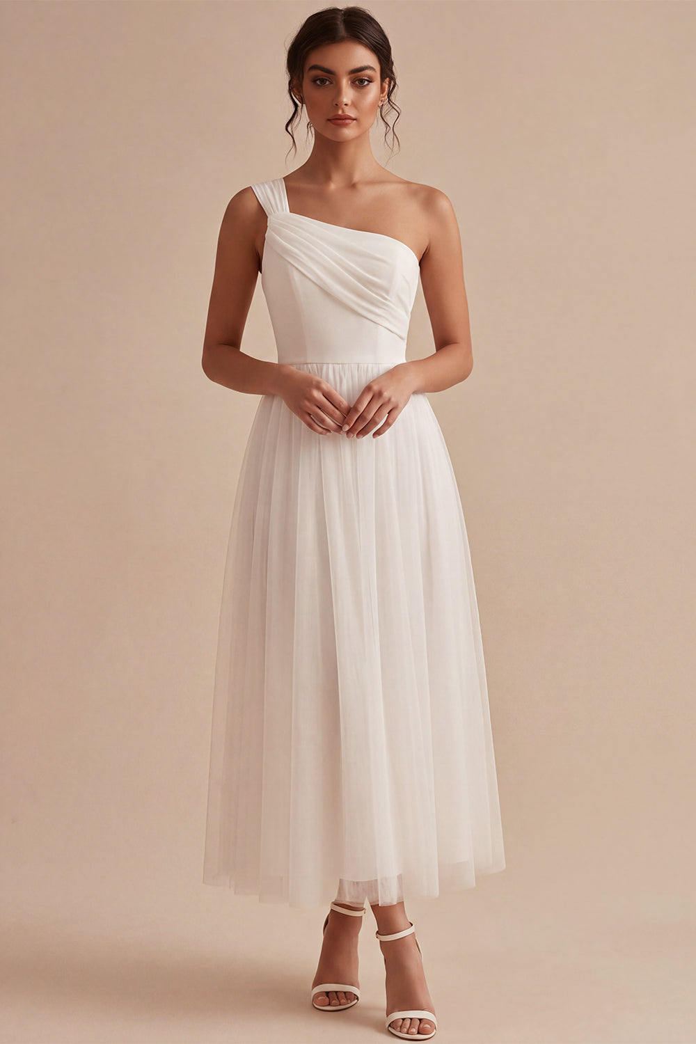 White One Shoulder A-Line Ruched Midi Boho Engagement Dress