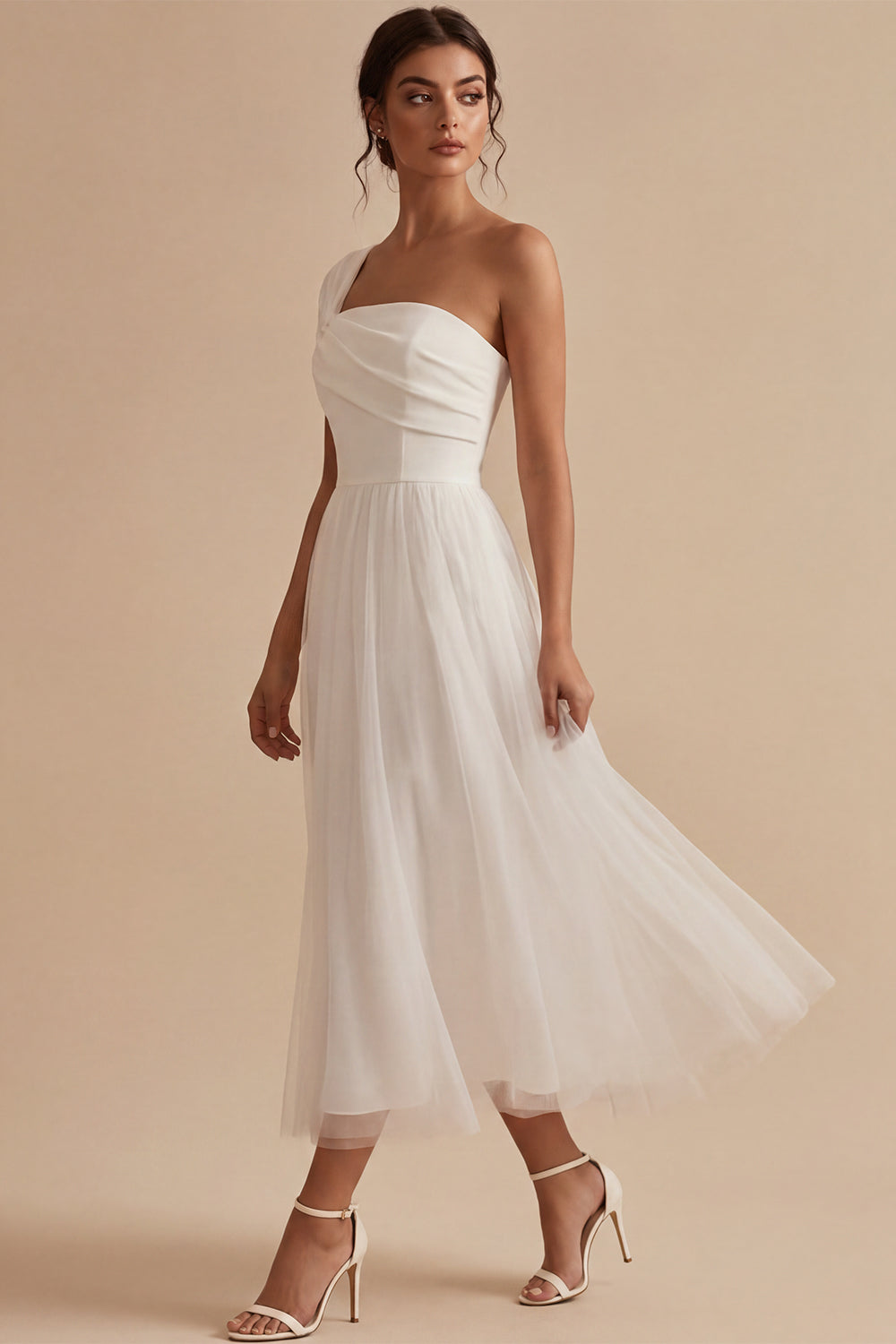 White One Shoulder A-Line Ruched Midi Boho Engagement Dress