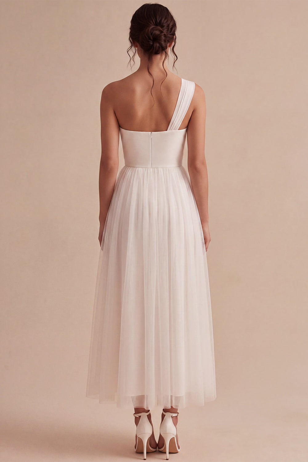 White One Shoulder A-Line Ruched Midi Boho Engagement Dress