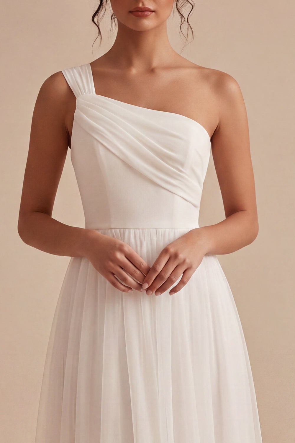 White One Shoulder A-Line Ruched Midi Boho Engagement Dress