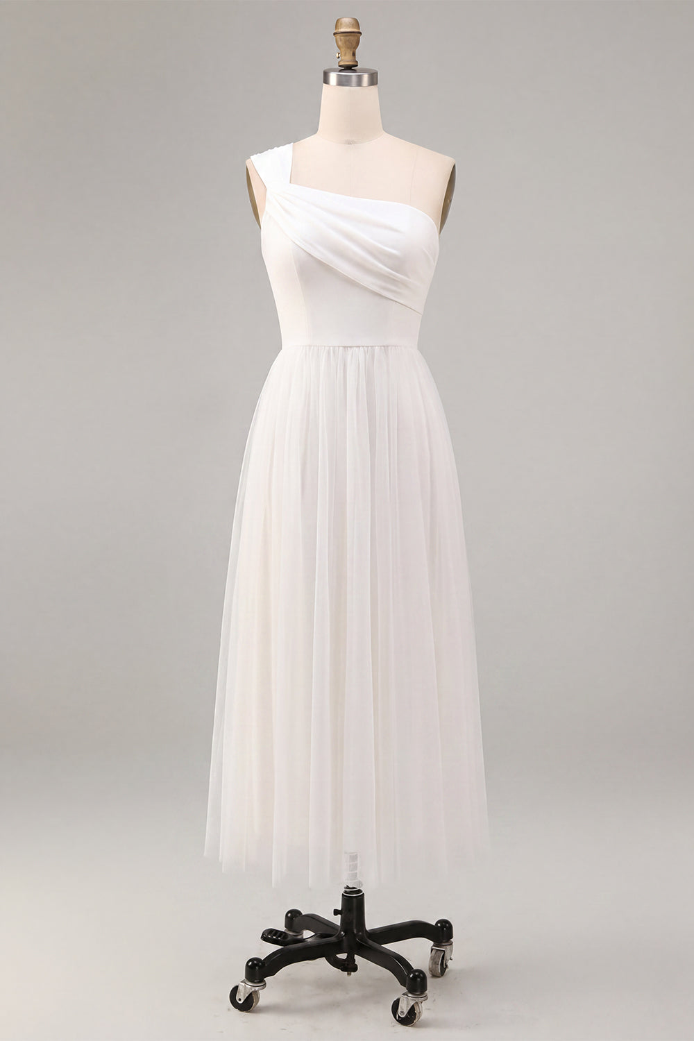 White One Shoulder A-Line Ruched Midi Boho Engagement Dress