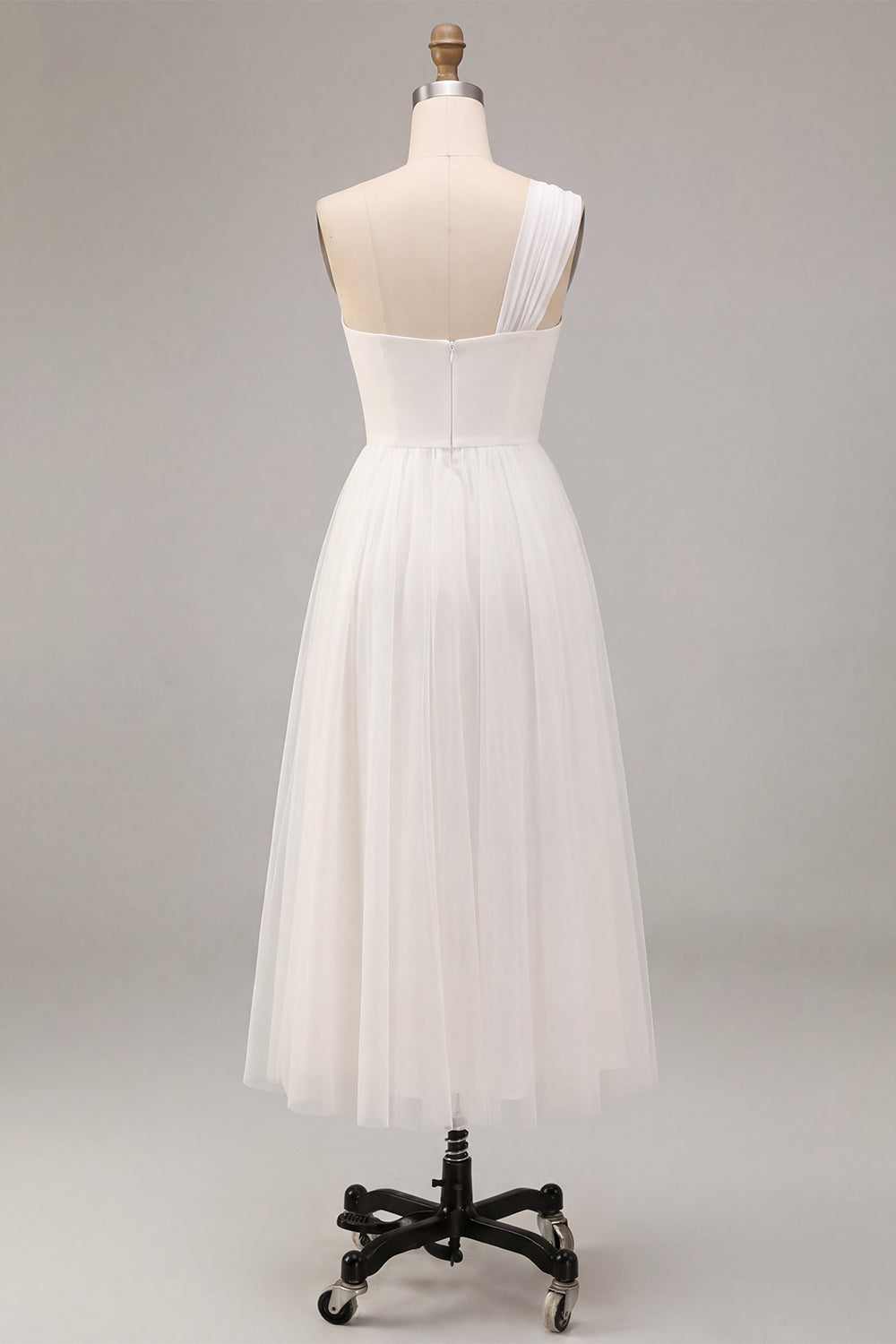 White One Shoulder A-Line Ruched Midi Boho Engagement Dress