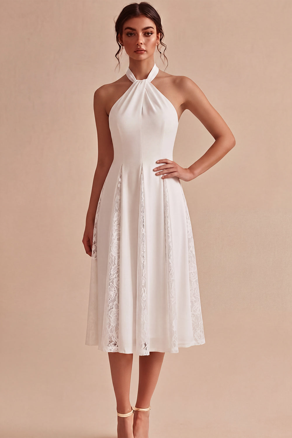 Lace White Ruched A-Line Halter Midi Boho Beach Engagement Dress