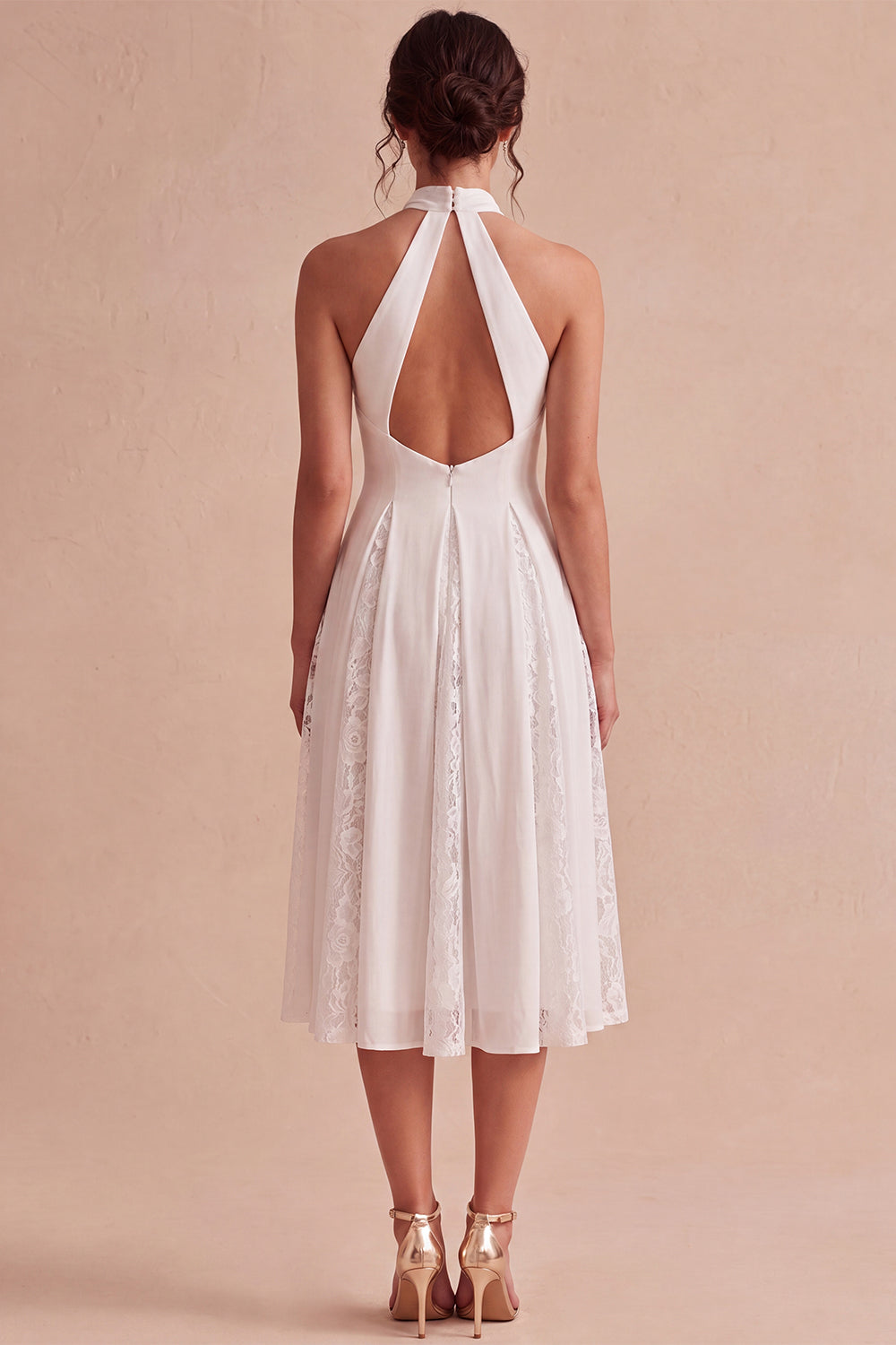Lace White Ruched A-Line Halter Midi Boho Beach Engagement Dress