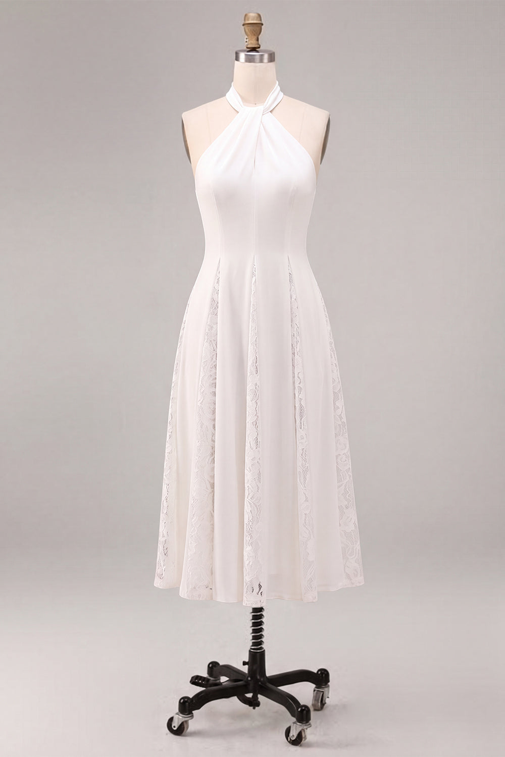 Lace White Ruched A-Line Halter Midi Boho Beach Engagement Dress