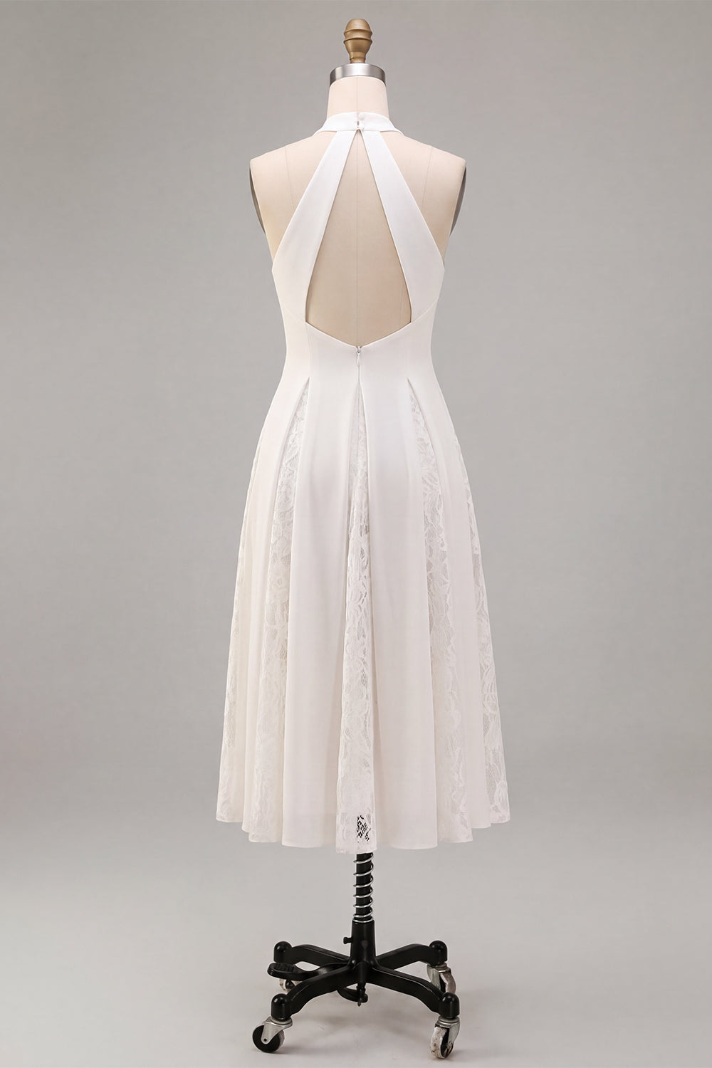 Lace White Ruched A-Line Halter Midi Boho Beach Engagement Dress