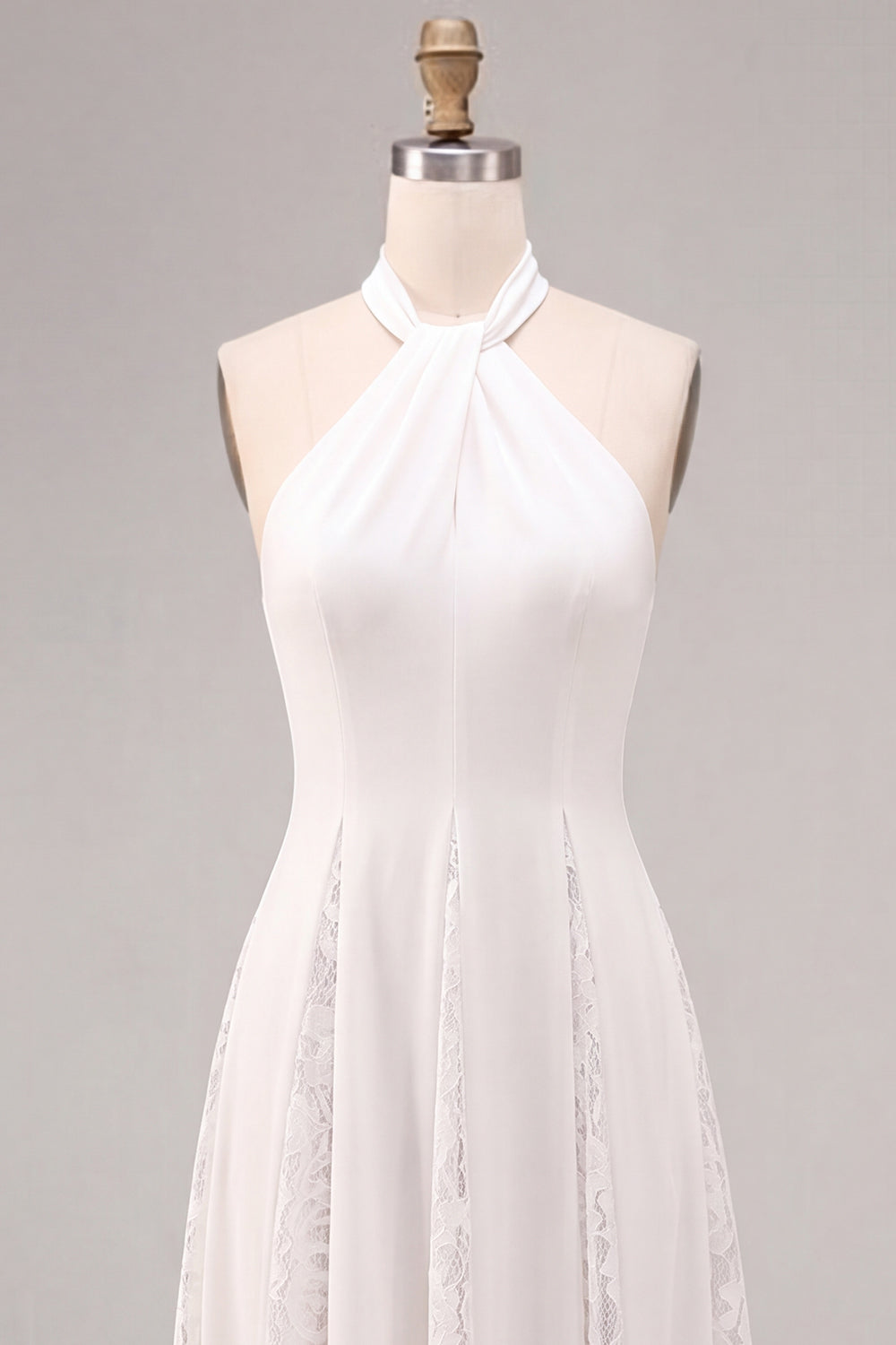 Lace White Ruched A-Line Halter Midi Boho Beach Engagement Dress