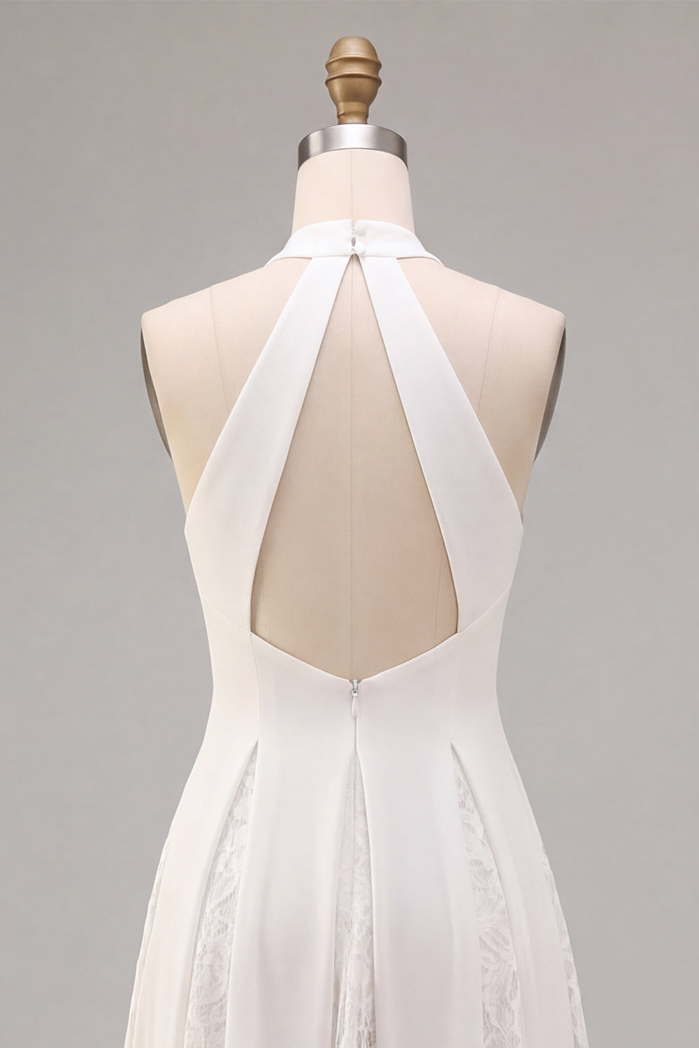 Lace White Ruched A-Line Halter Midi Boho Beach Engagement Dress