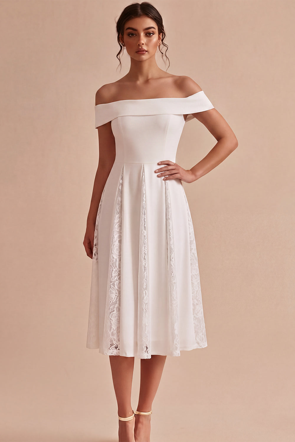 White Off the Shoulder Ruched A-Line Midi Boho Beach Engagement Dress with Lace