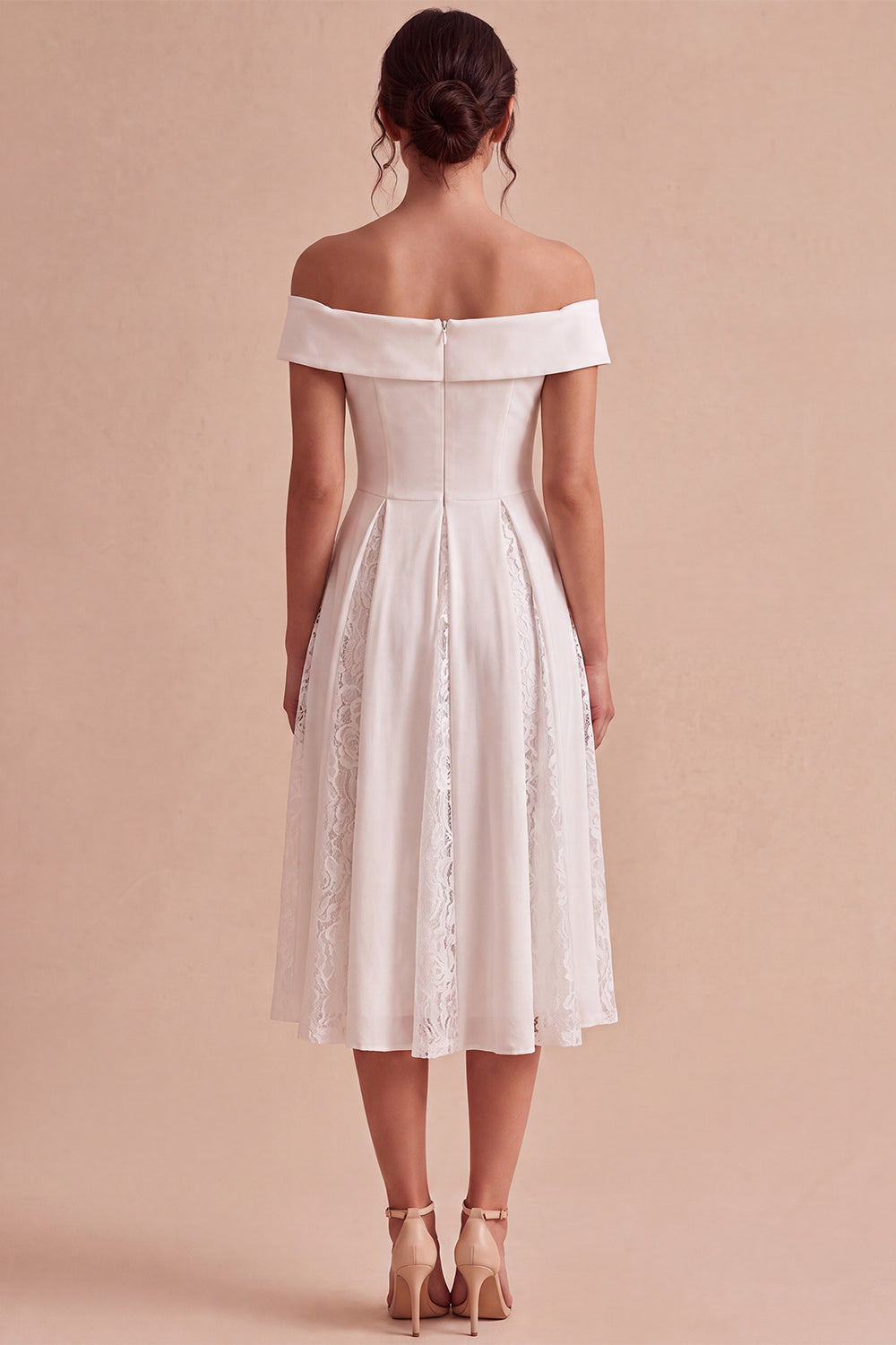 White Off the Shoulder Ruched A-Line Midi Boho Beach Engagement Dress with Lace