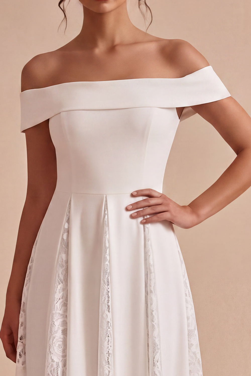 White Off the Shoulder Ruched A-Line Midi Boho Beach Engagement Dress with Lace