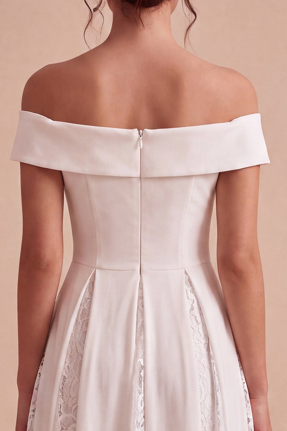 White Off the Shoulder Ruched A-Line Midi Boho Beach Engagement Dress with Lace