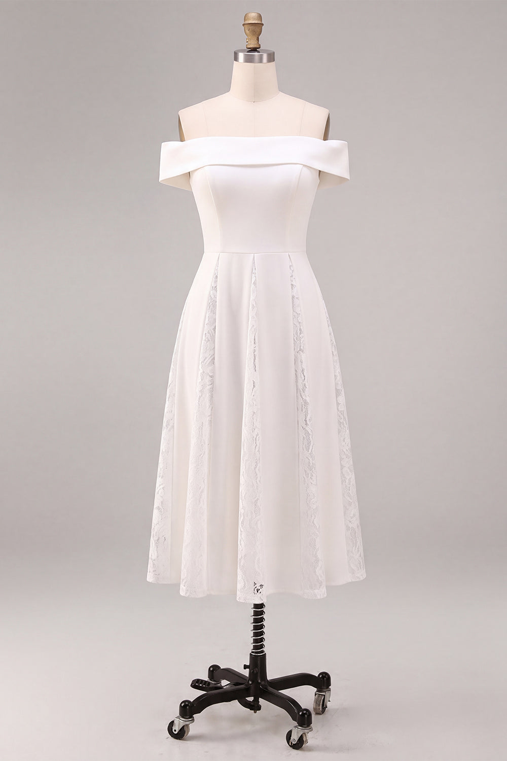 White Off the Shoulder Ruched A-Line Midi Boho Beach Engagement Dress with Lace