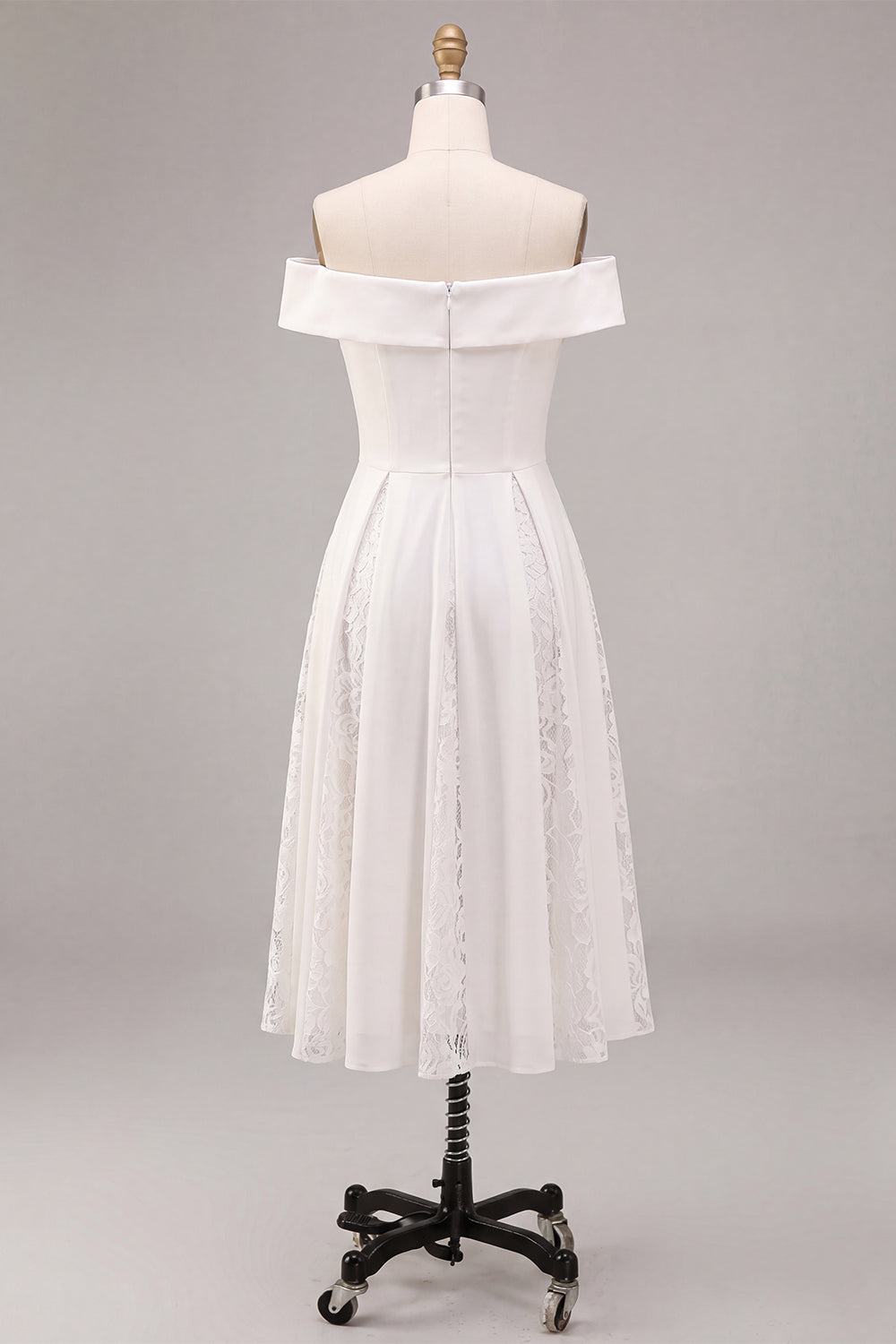 White Off the Shoulder Ruched A-Line Midi Boho Beach Engagement Dress with Lace