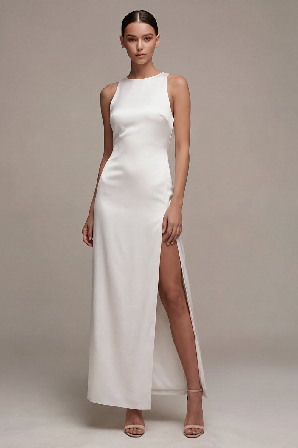 White Round Neck Satin Sheath Long Engagement Dress with Slit