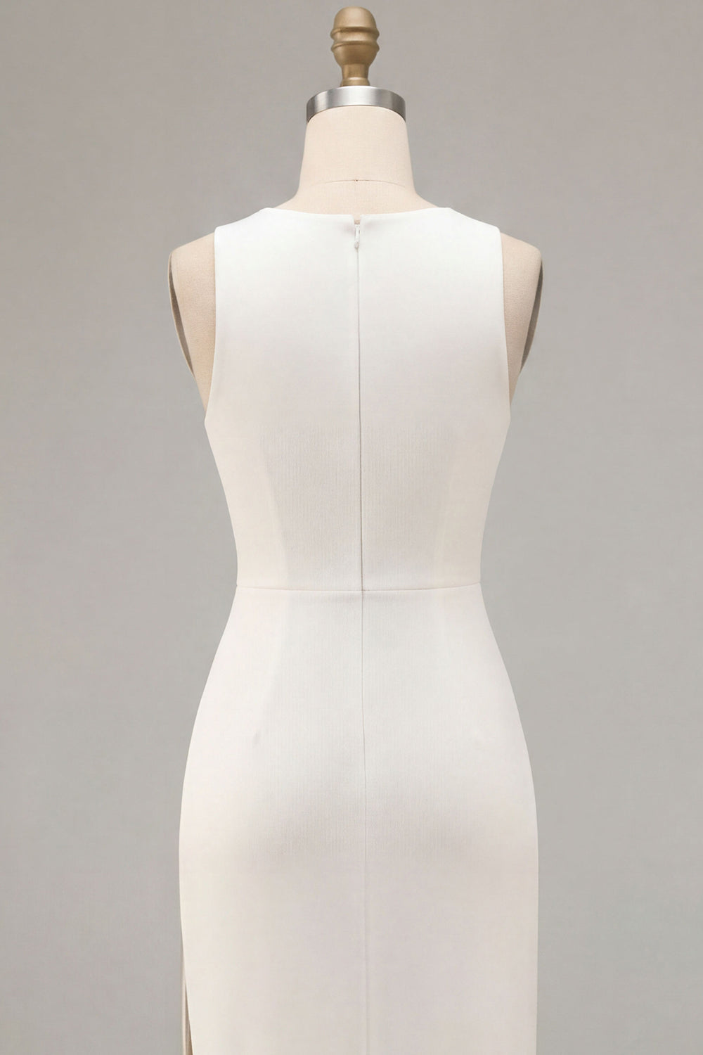 White Round Neck Satin Sheath Long Engagement Dress with Slit