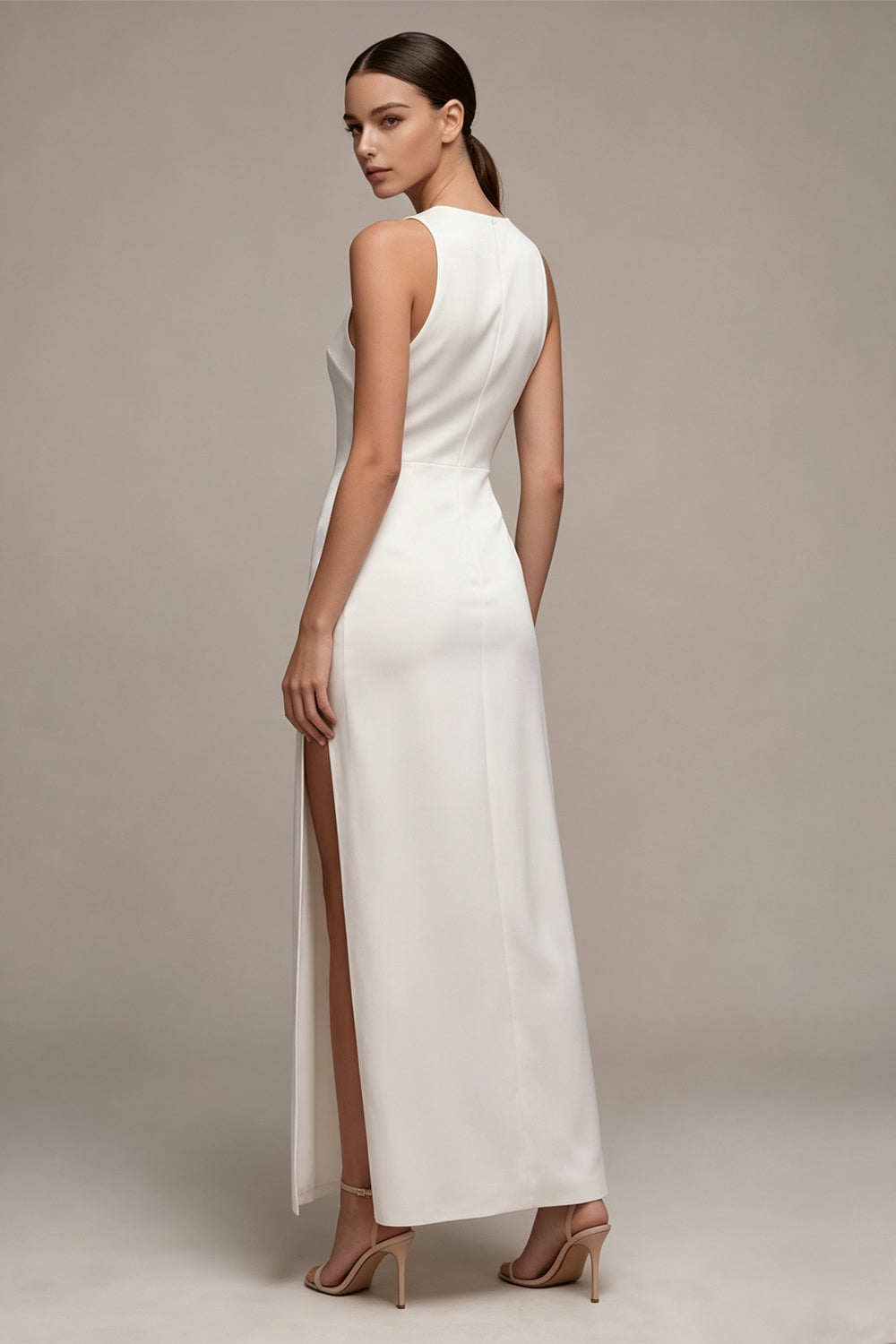 White Round Neck Satin Sheath Long Engagement Dress with Slit