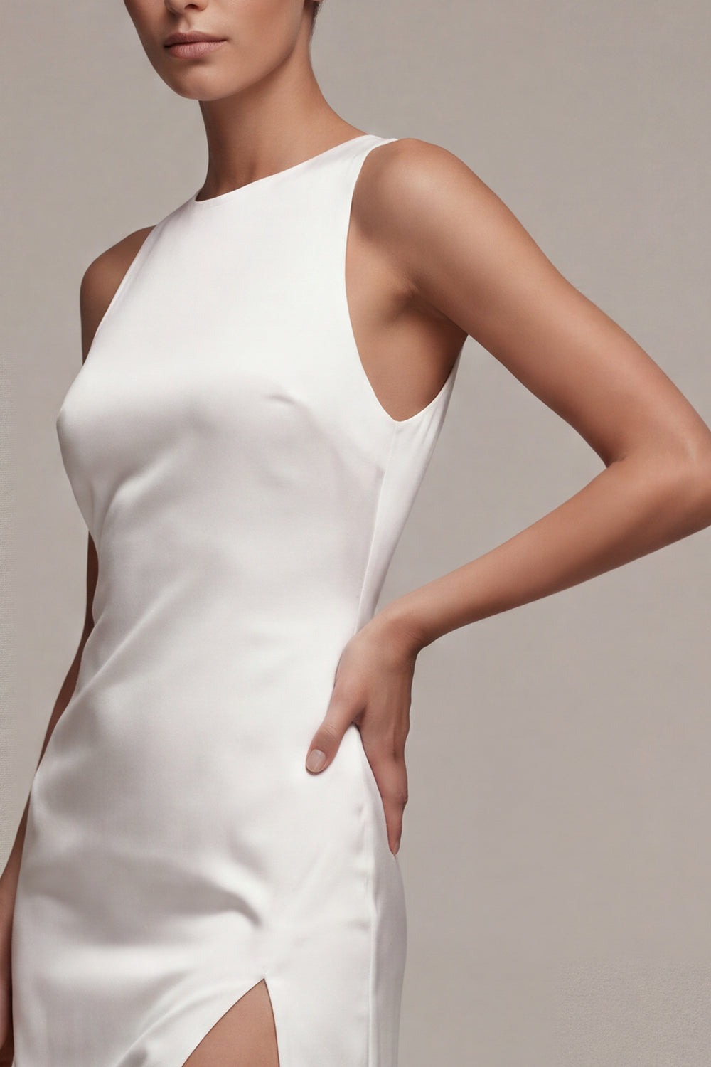 White Round Neck Satin Sheath Long Engagement Dress with Slit