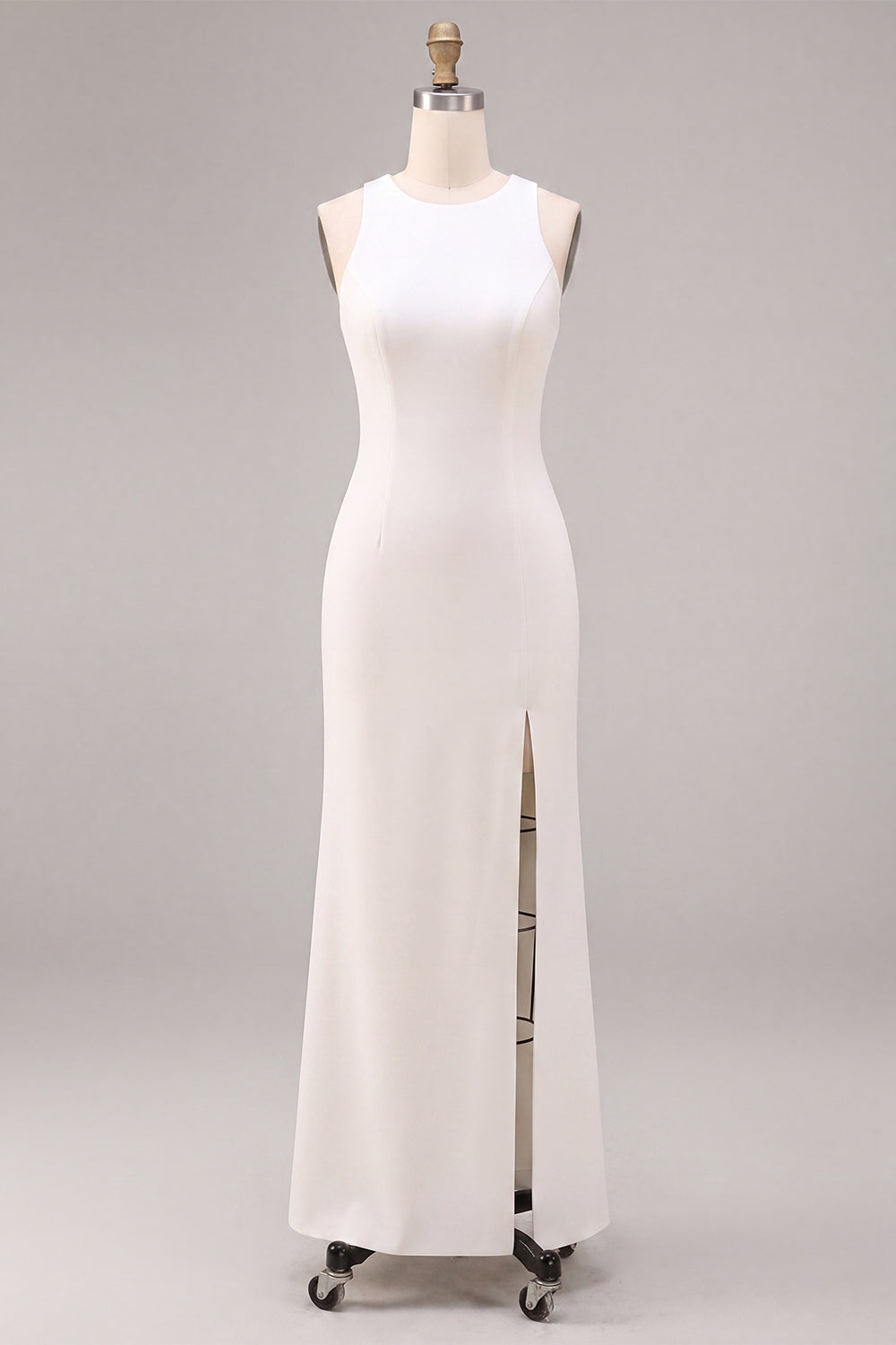 White Round Neck Satin Sheath Long Engagement Dress with Slit
