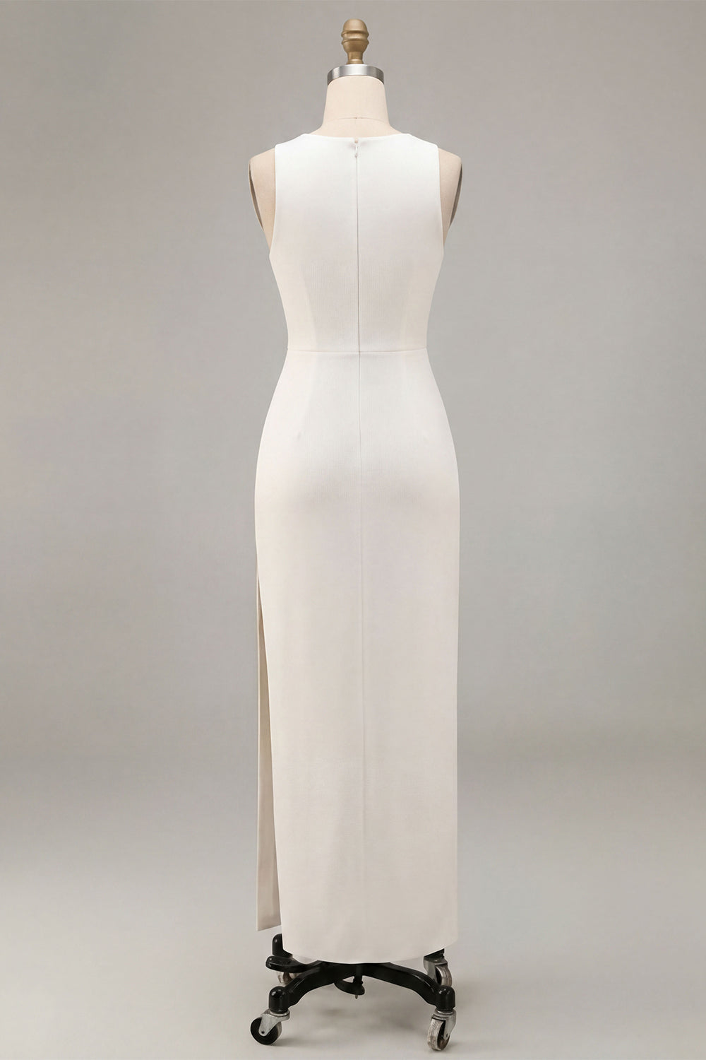 White Round Neck Satin Sheath Long Engagement Dress with Slit